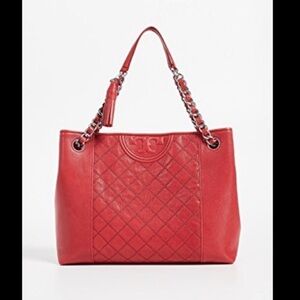 Tory Burch Fleming Distressed Leather Tote Cherry Apple